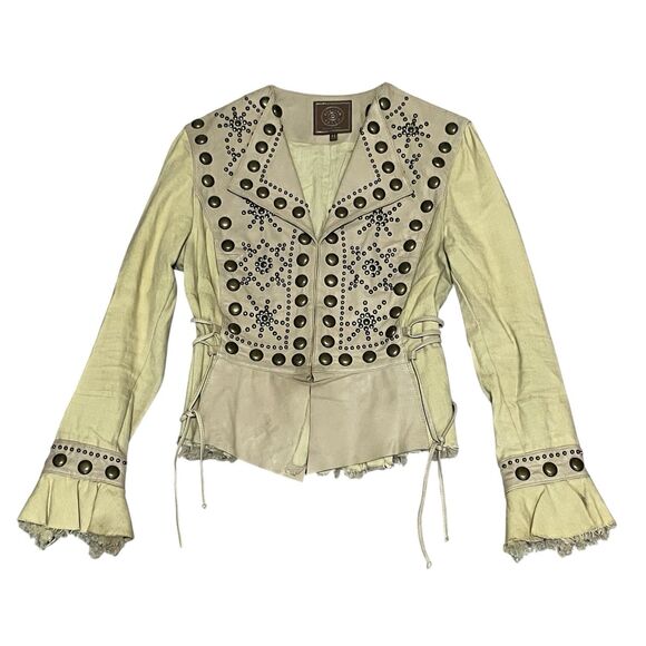 DOUBLE D RANCH Women's XS Beige Tan Studded Western Shirt Jacket Coat LEATHER - Picture 1 of 16